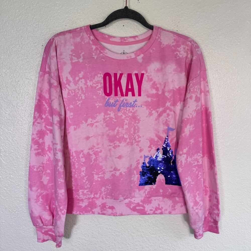 Disney World Sweatshirt Women XL But First Disneyland Parks Merch Tie Dye Sequin - Picture 1 of 10